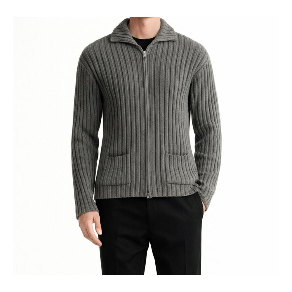 Country Road Sweater Mens Size L Gray Zip Front Cardigan Stretch Ribbed Vintage